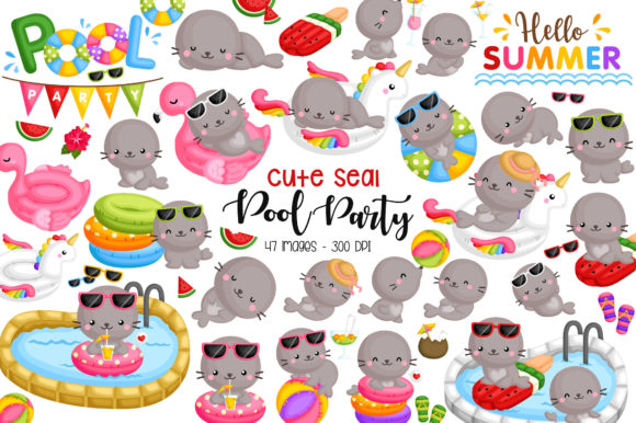 Download Cute Animal Seal Pool Party Clipart - Premium Bundle